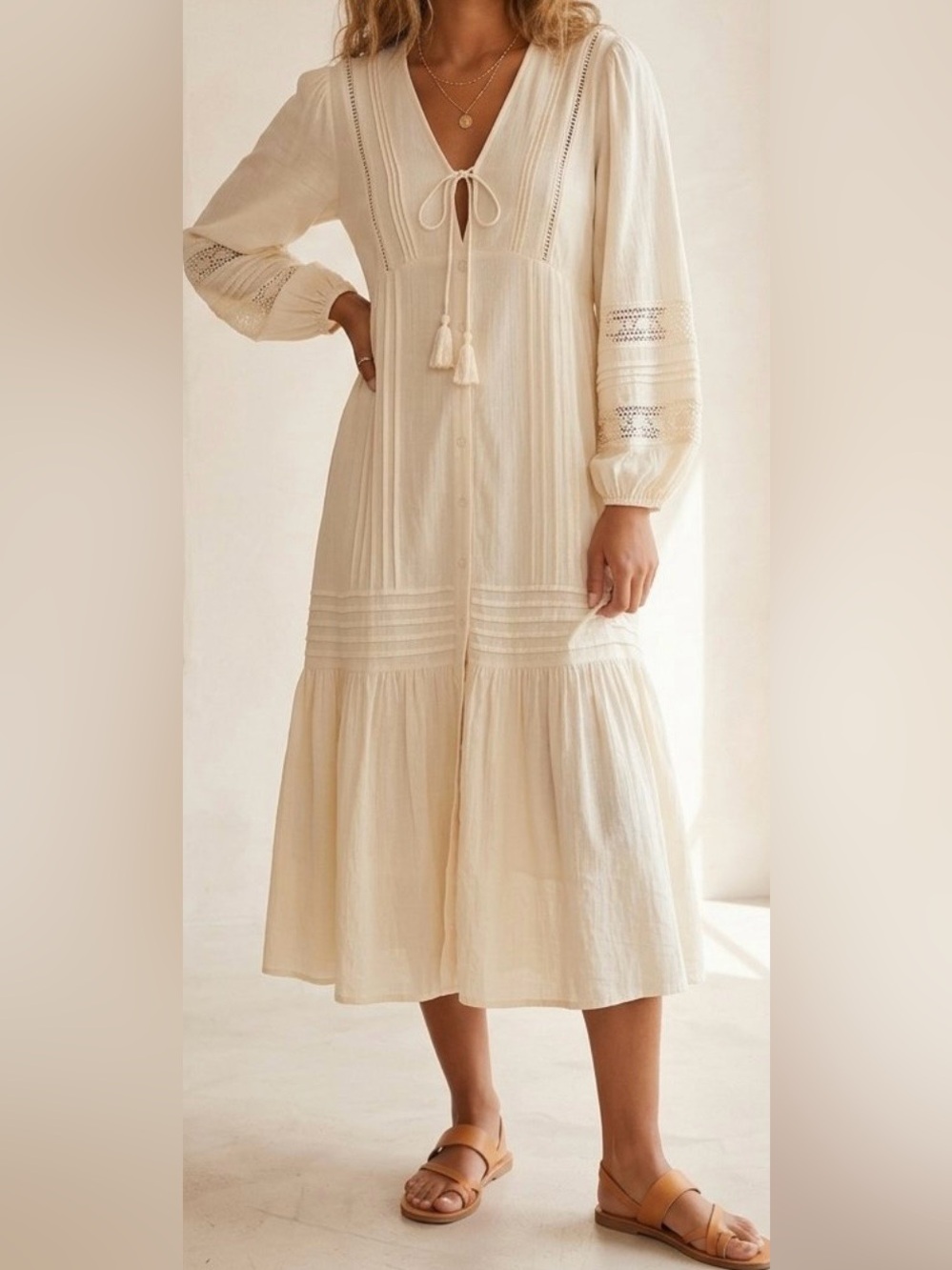 YFB Young Fabulous & Broke Boho-Style Midi Cream Long Sleeve Dress Size XS